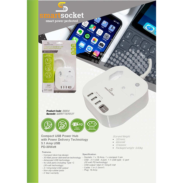 SmartSocket Compact USB Power Hub With PD 3.1AMP USB + 30 WATT PD - White
