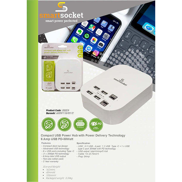 SmartSocket Compact USB Power Hub With PD 6 AMP (4 X USB-A + 1 X USB TYPE-C + 1 X PD 30 WATT) - White