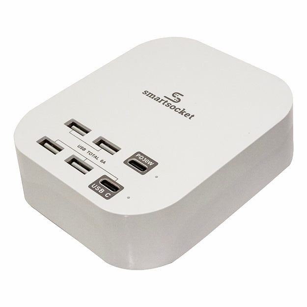 SmartSocket Compact USB Power Hub With PD 6 AMP (4 X USB-A + 1 X USB TYPE-C + 1 X PD 30 WATT) - White