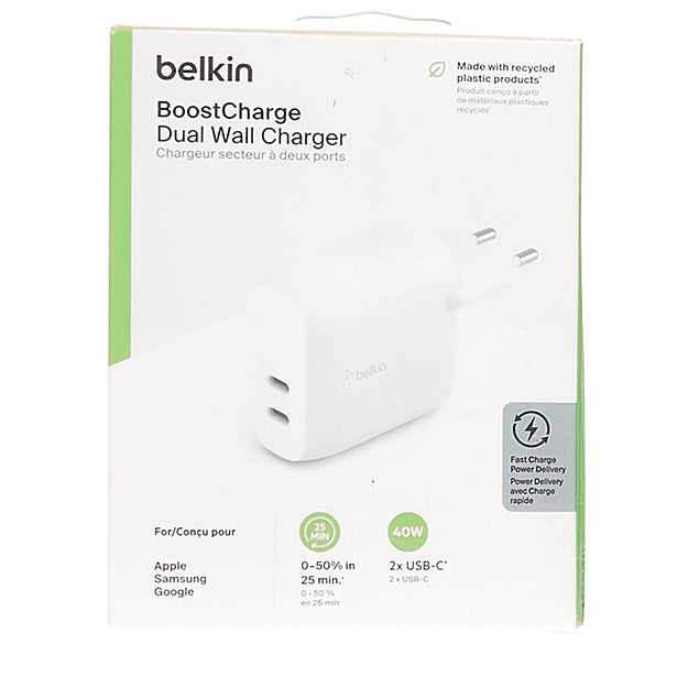 Belkin BoostCharge 40W Dual Port USB-C PD Wall Charger - White