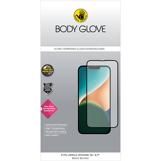 Body Glove iPhone 15 PLUS Ultra Tempered Glass Screen Protector - Clear With Black Border