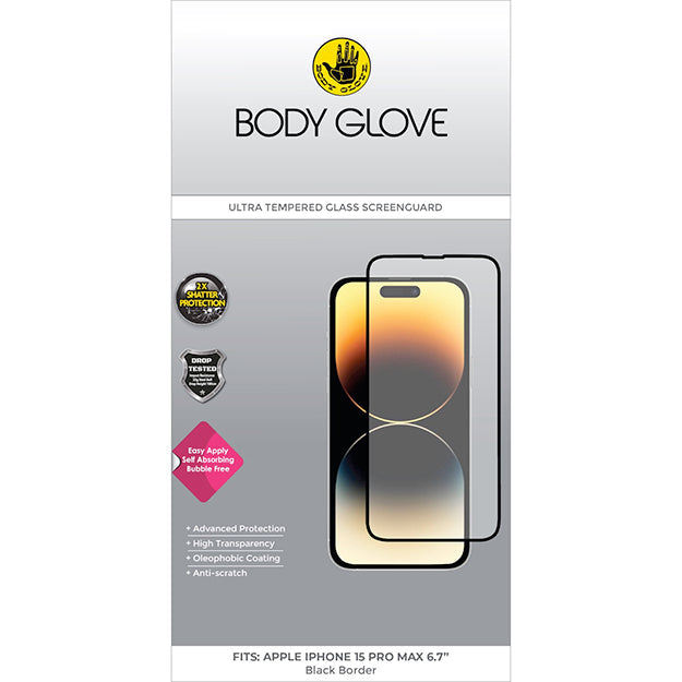 Body Glove iPhone 15 PRO MAX Ultra Tempered Glass Screen Protector - Clear With Black Border