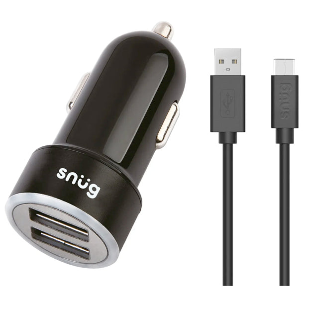 Snug Car Juice Dual USB Port Car Charger With USB-C Cable - Black