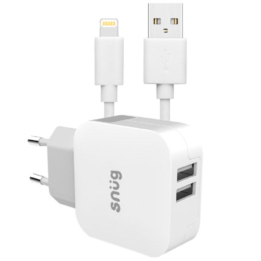 Snug 2 Port USB 3.4 Amp Wall Charger With Lightning Cable - White
